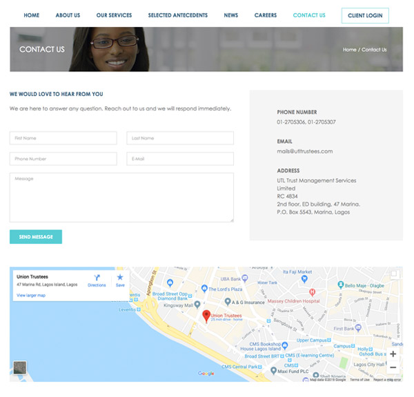 Website Design for UTL Trustees – Contact Page